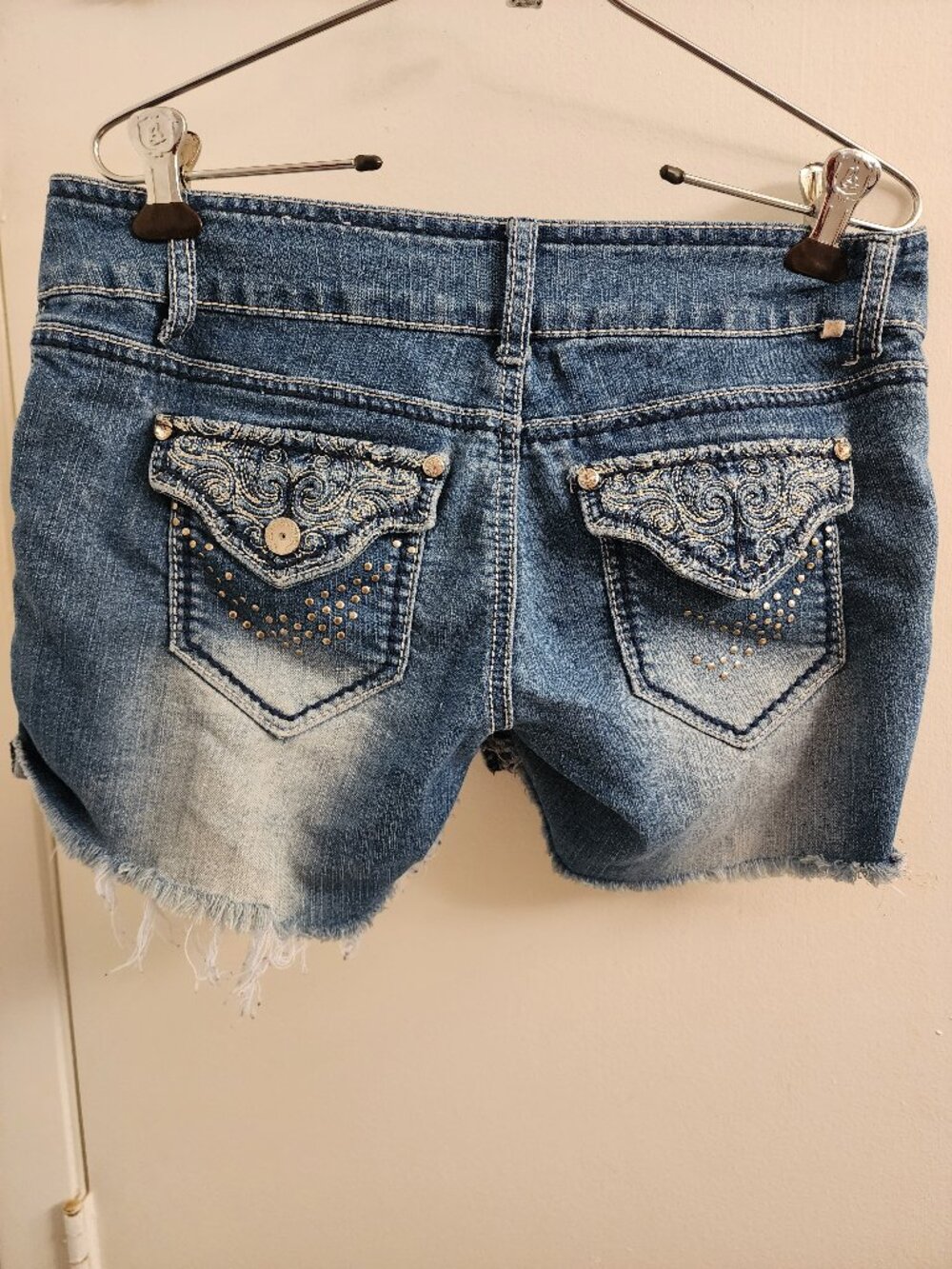Almost Famous Size 9 Distressed Rhinestone Denim Cutoff Shorts